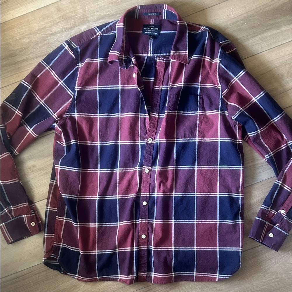 Lucky Brand Burgundy and Navy Plaid Shirt